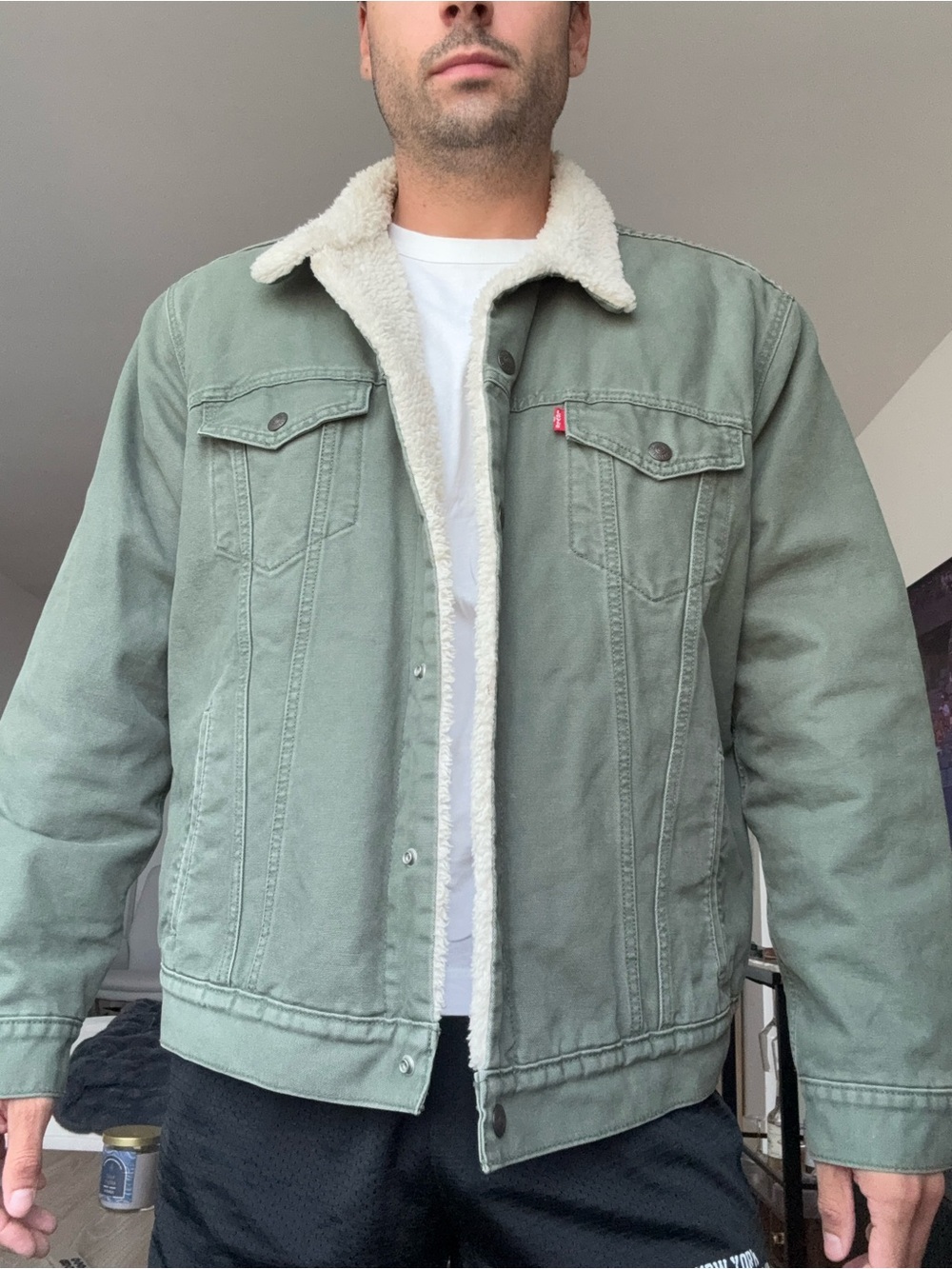 Levi's Olive Green Sherpa-Lined Trucker Jacket with Cream Lining